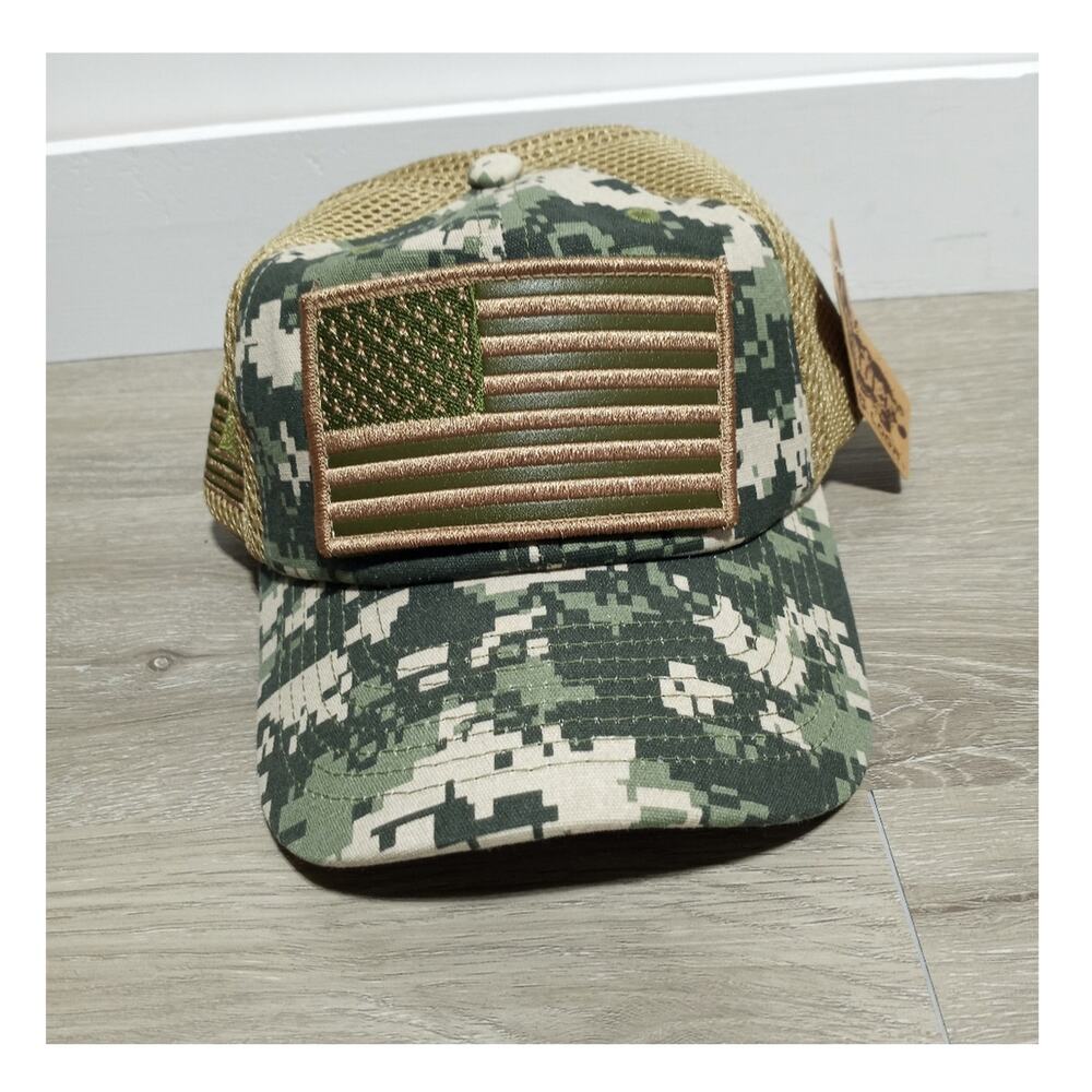 Leader American Flag Baseball Trucker Hat NWT Green & Tan Camo